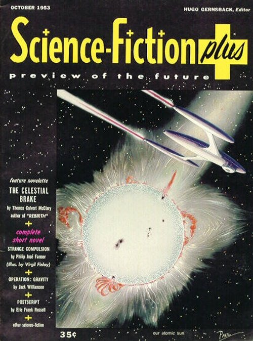 Science Fiction Plus Oct 1953: Spaceship Skims the Sun Cover by Frank R. Paul