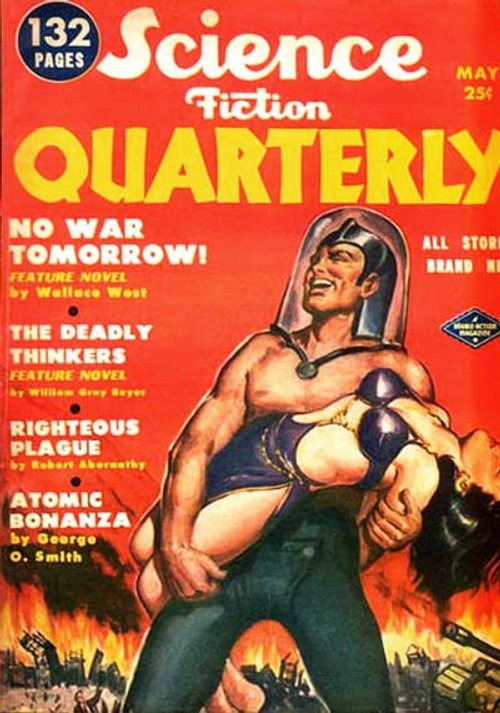 Science Fiction Quarterly May – Hero Carries Woman from Burning City, 1950s