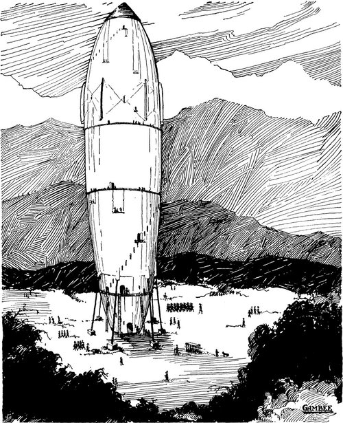 Gambee's Giant Space Rocket on Launch Gantry, Early Sci-Fi Pen-and-Ink