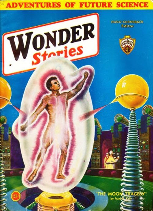 Wonder Stories 1931: Glowing Human Figure in Energy Cocoon, Hugo Gernsback