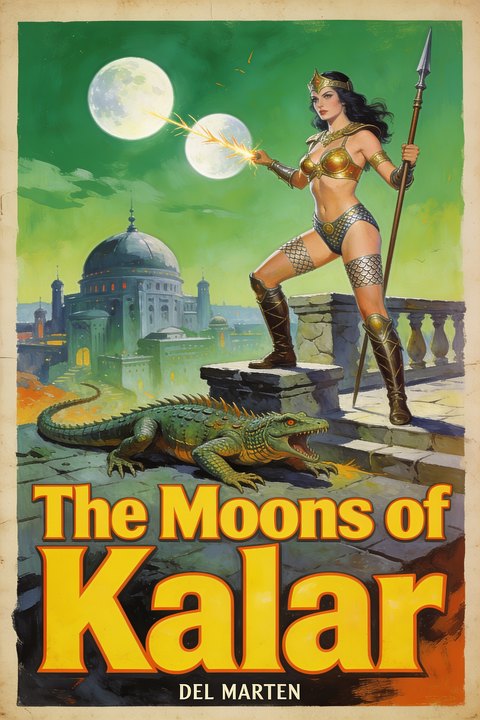 “The Moons of Kalar” — sample pulp magazine cover generated in the OONA Cover Maker